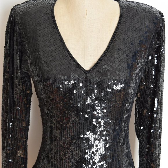 vintage 80s dress black sequin sheer chiffon drop waist prom party cocktail S - Picture 3 of 6